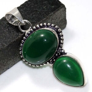 Elegant Green Onyx 925 Silver Plated Gemstone Pendant - 1.8" NWT